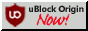 an 88 by 31 button with the ublock origin 'ub' shield logo, to the left of 'uBlock Origin Now!', on a grey background